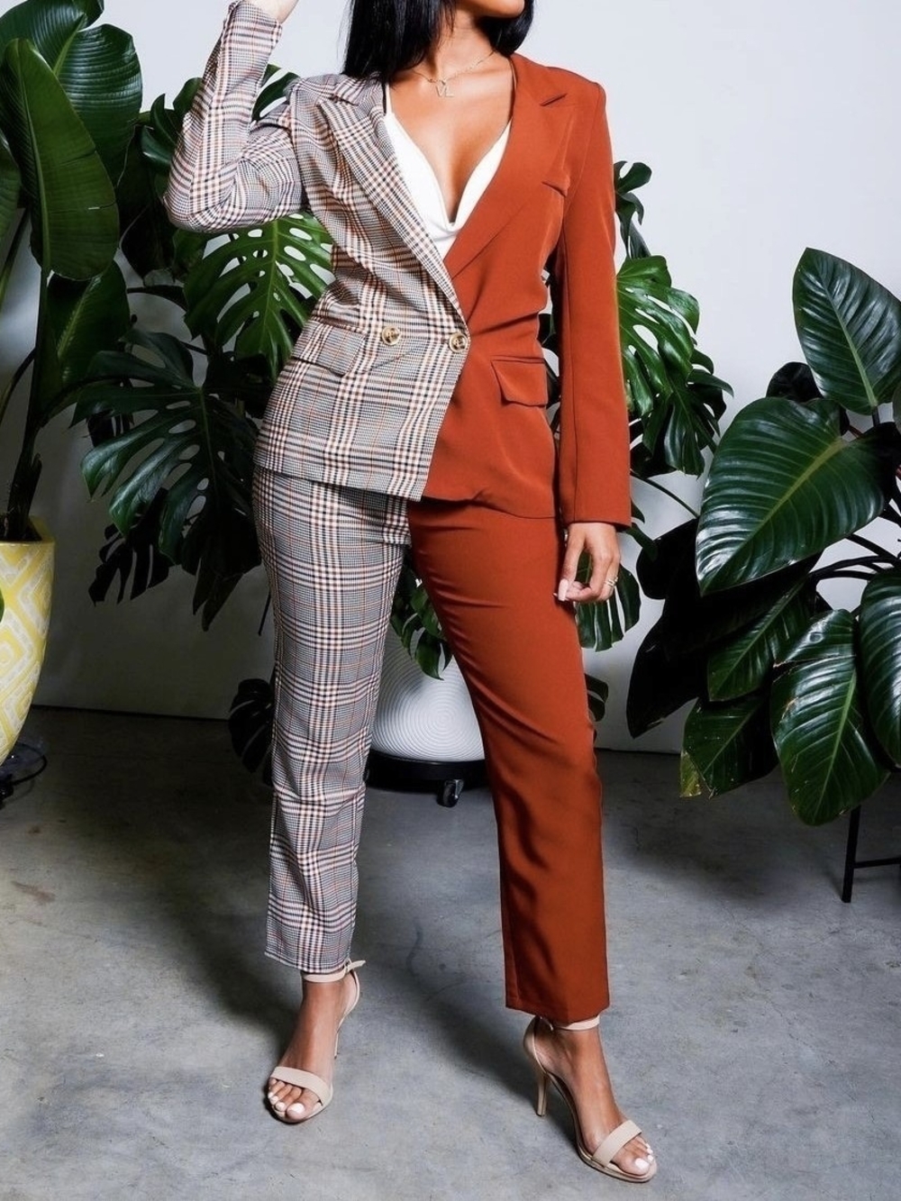 Two-Tone Rust & Plaid Tailored Pantsuit